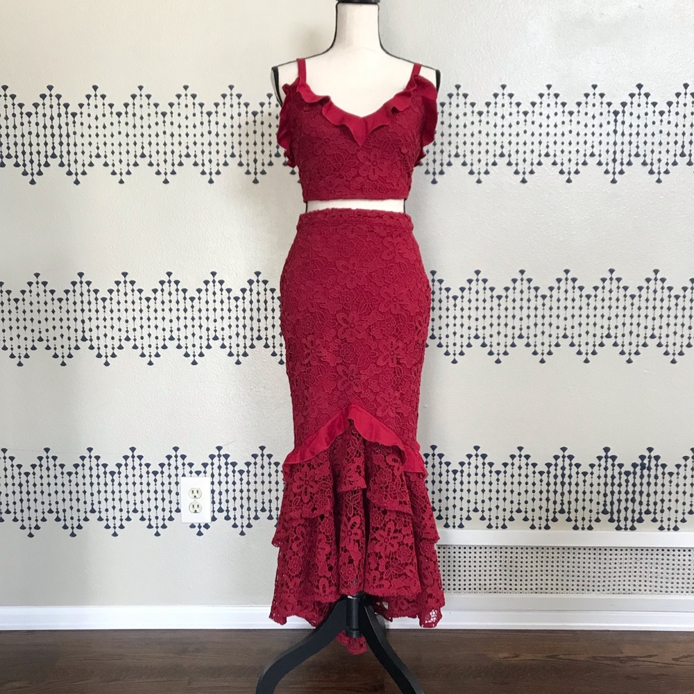 Red Lace Maxi Dress with Ruffle Hem